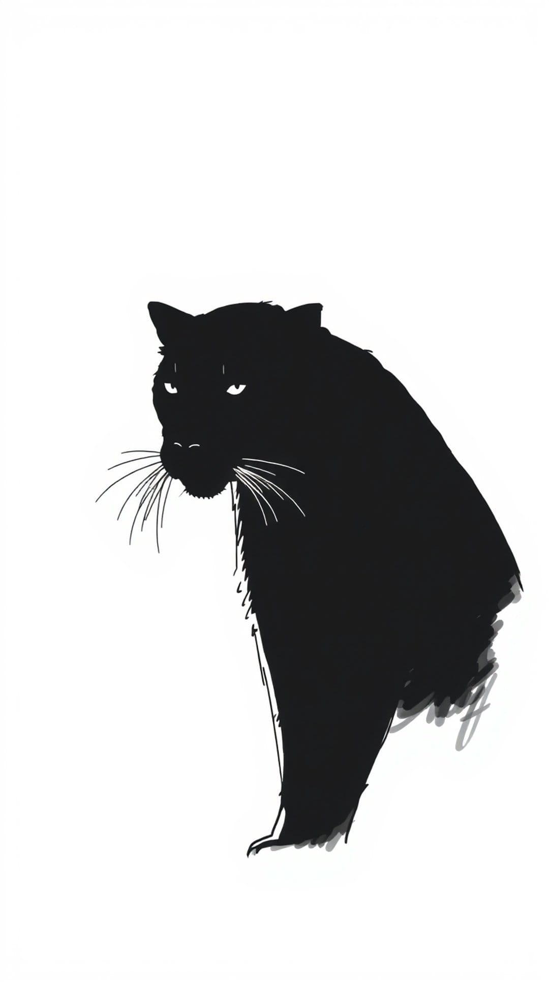 Black panther silhouette with piercing yellow eyes and long whiskers set against a clean white backdrop.