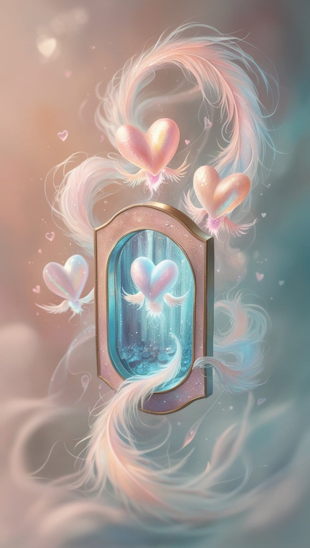 Heart-shaped beings with delicate wings float near a glowing portal amidst soft feathers and pastel light.