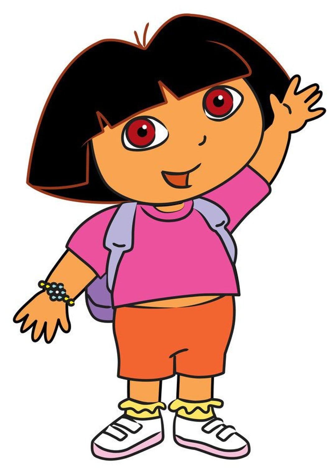 Dora the Explorer waves one hand while wearing a pink shirt, orange shorts, and her signature purple backpack.