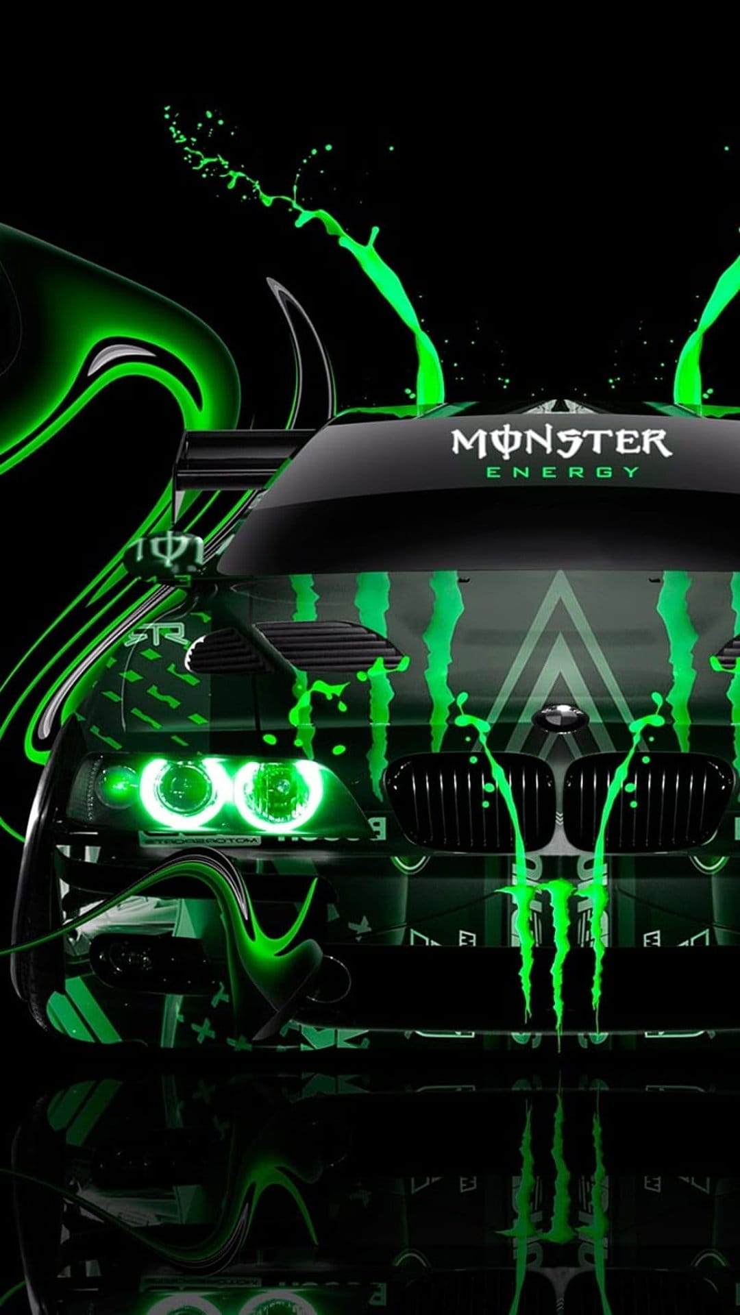 Racing car with neon green headlights and Monster Energy claw logos against a dark, splattered background.