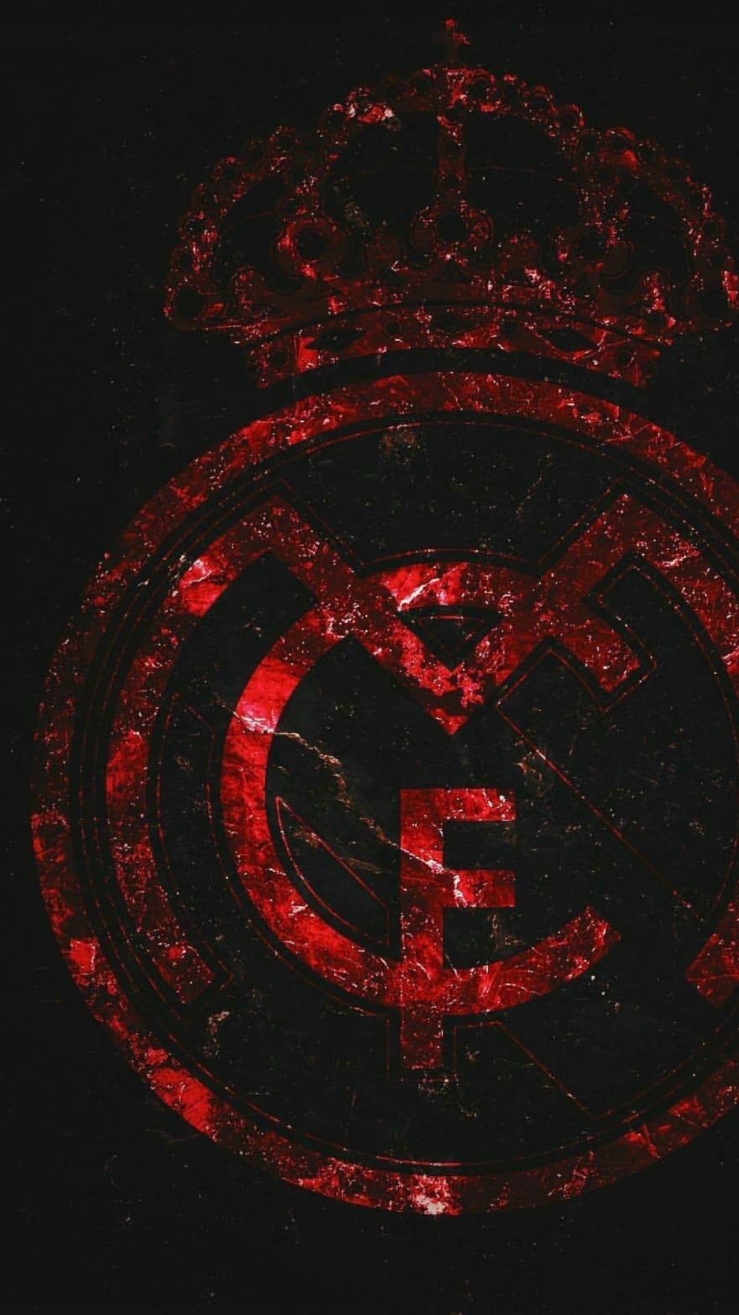 Real Madrid crest with a crown and monogram in distressed red metallic over a dark black textured background.