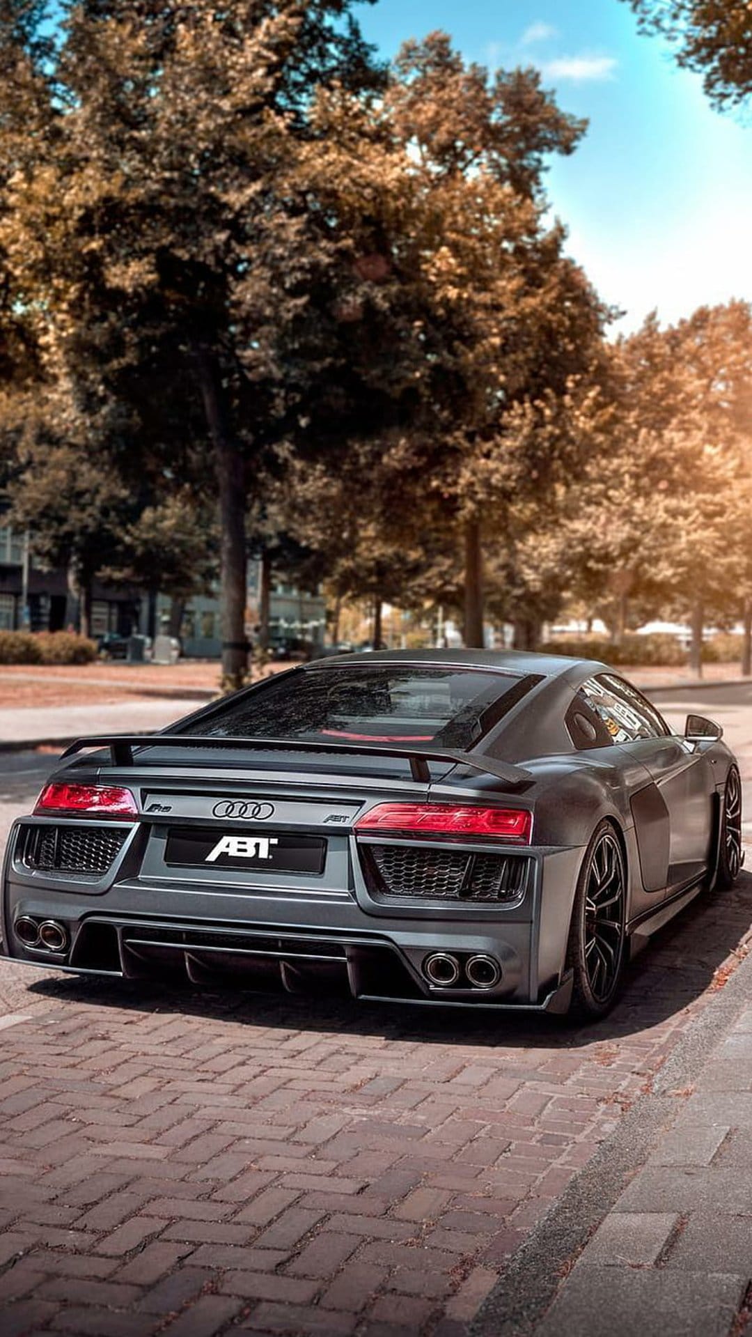 Grey ABT Audi R8 rear view on a cobblestone street with autumn trees under a clear blue sky in sunlight.