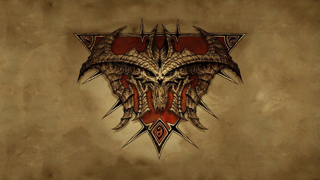 Intricate demonic skull with curved horns inside a red triangle on a weathered tan parchment background.