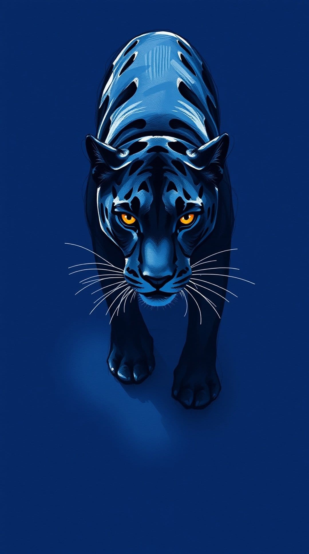 Black panther with luminous blue rosettes and glowing orange eyes gazes upward against a deep navy background.