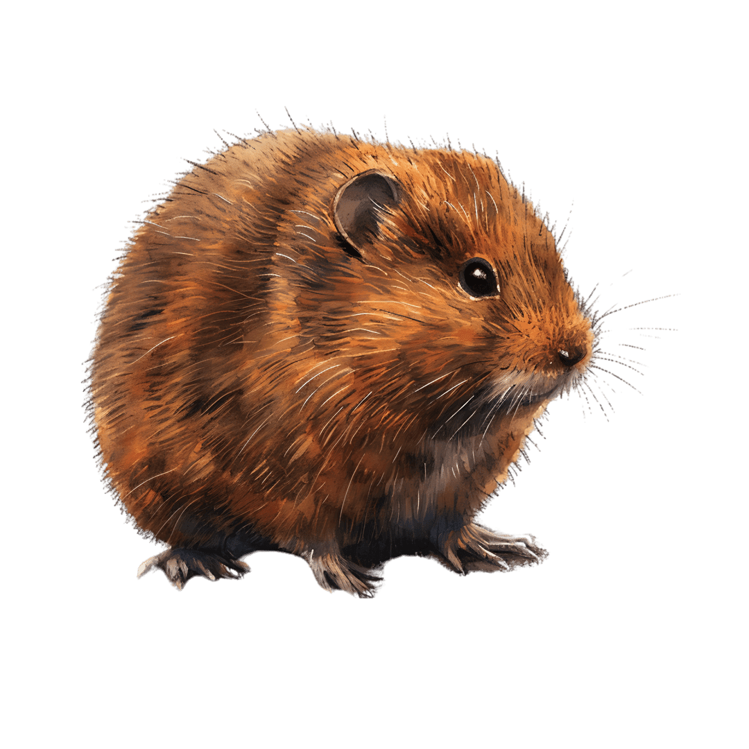 Brown vole watercolor painting shows a small rodent in profile with detailed fur and long whiskers on black.
