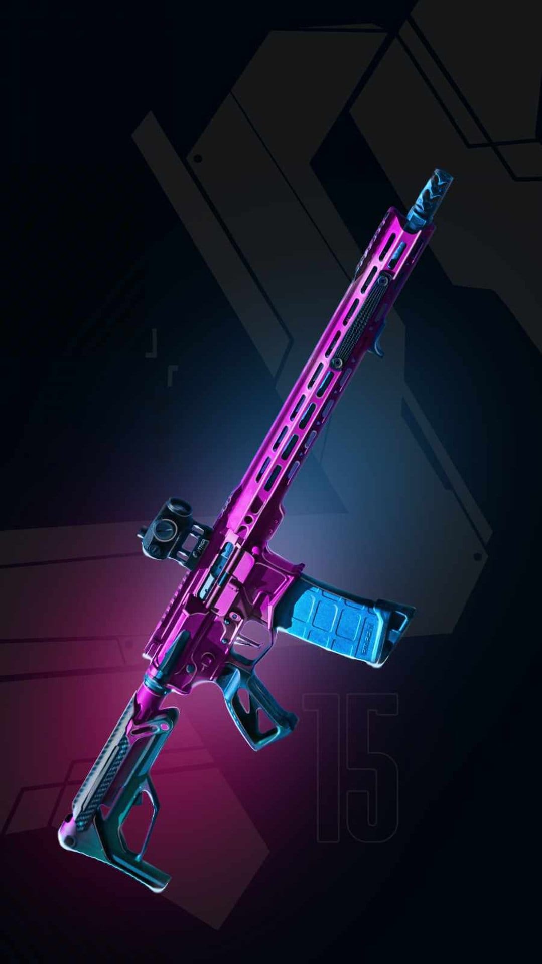 Neon-accented tactical rifle features a glowing blue scope and magazine against a dark geometric backdrop.