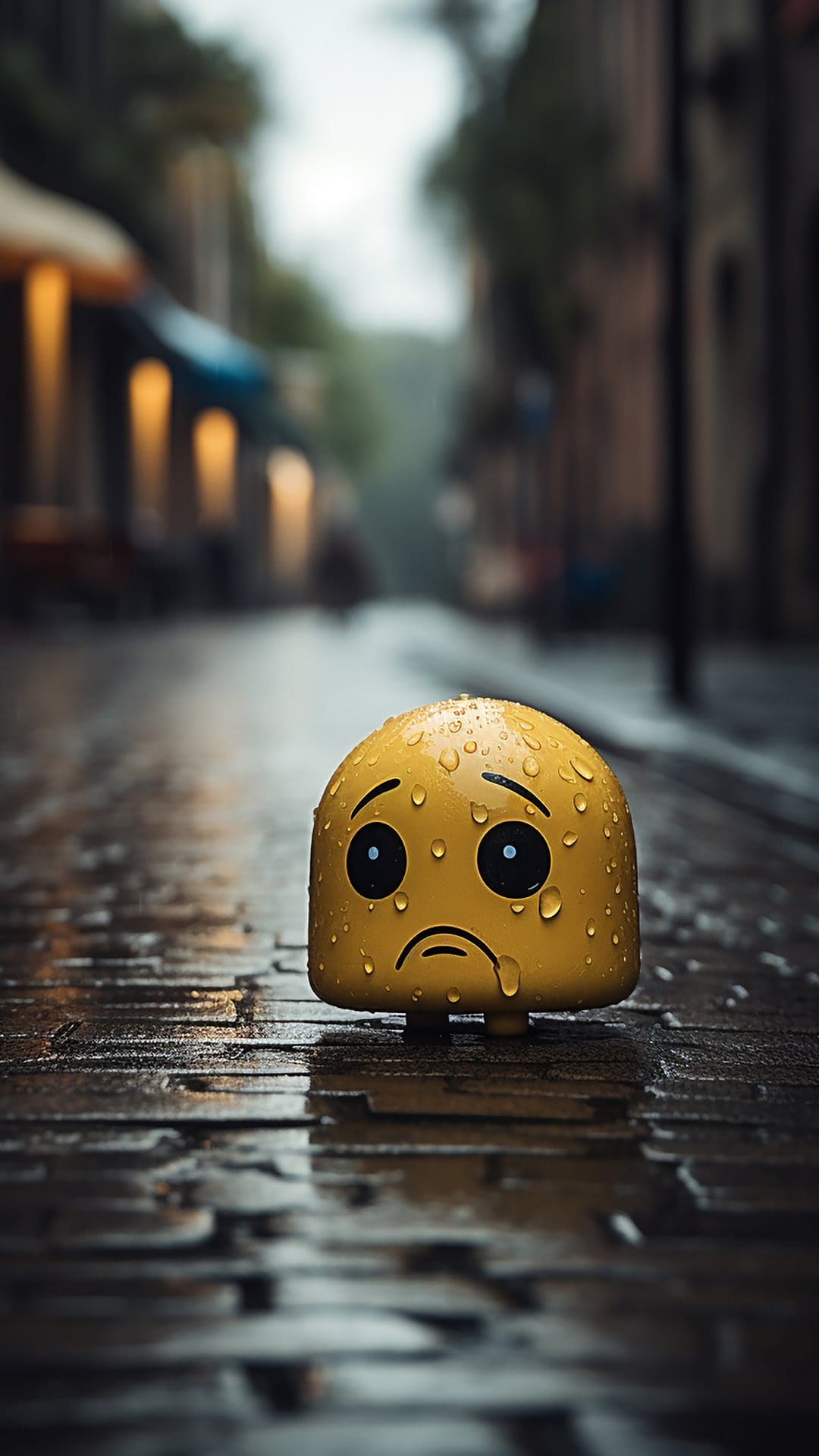 Sad yellow toy head with tears rests on wet dark cobblestones during a rainy day in a blurred city.