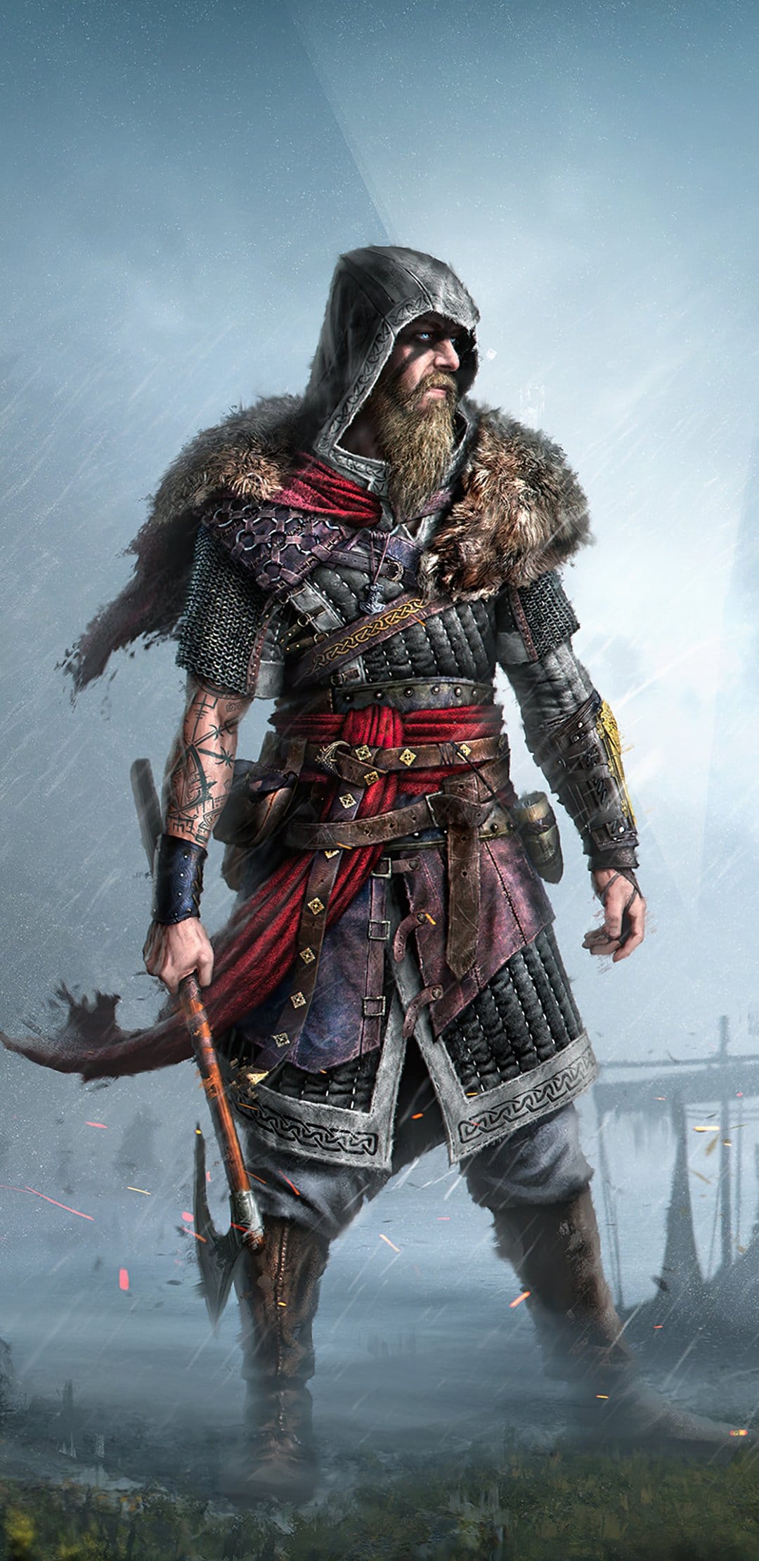 Eivor Varinsdottir holds an axe while wearing fur-lined armor and a hooded cloak in a foggy mountain setting.