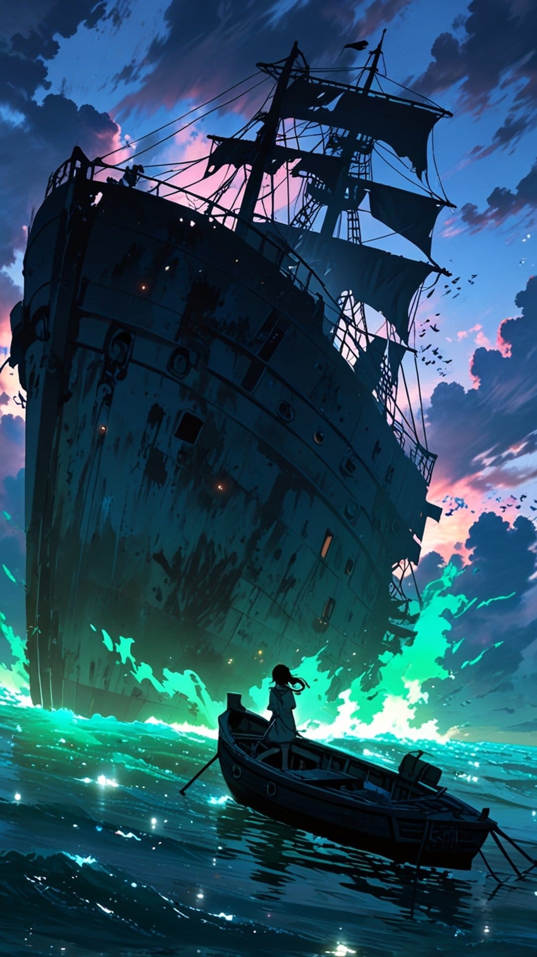 Girl in a rowboat faces a massive skeletal ship as bioluminescent green waves crash beneath a sunset sky.