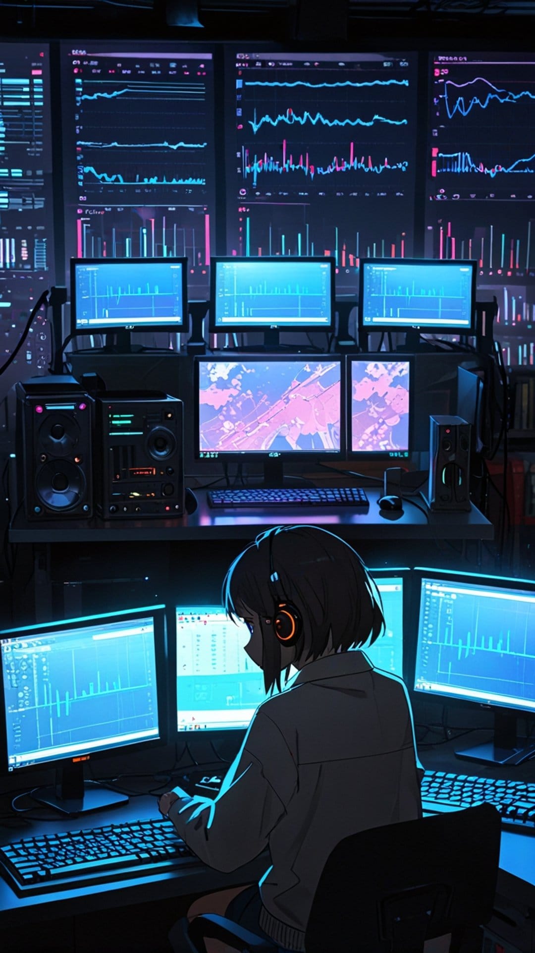 Young woman with headphones sits before multiple glowing data monitors in a dark, tech-filled workstation.