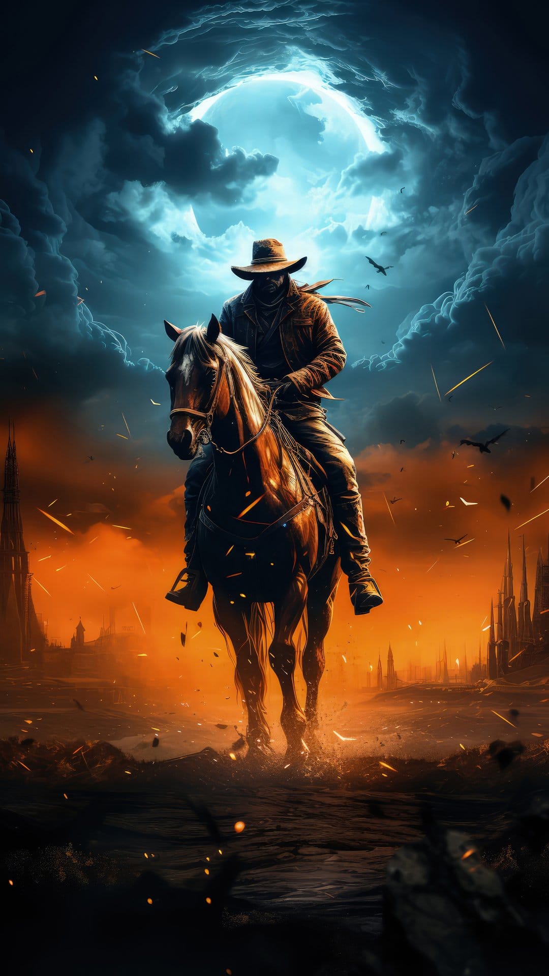 Lone rider on a horse silhouetted against a fiery orange sky and a large glowing moon in a ruined landscape.