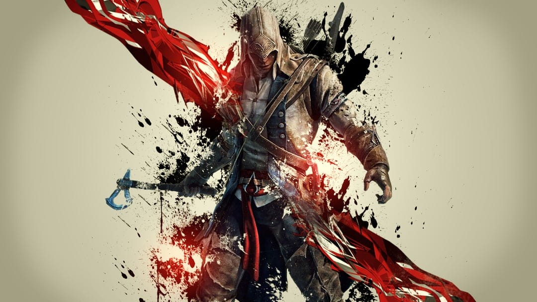 Connor Kenway holding a tomahawk against a backdrop of red and blue ink splatters and paint strokes.
