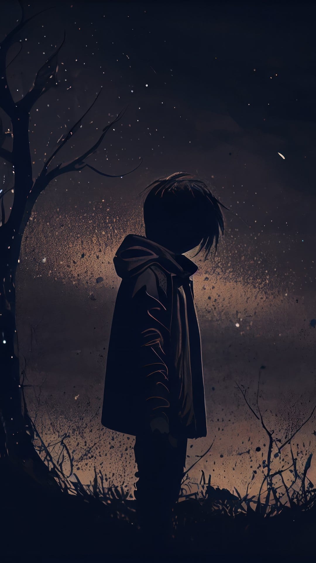 Boy silhouette stands alone under a starry sky beside a bare tree in a dark, atmospheric outdoor night landscape.