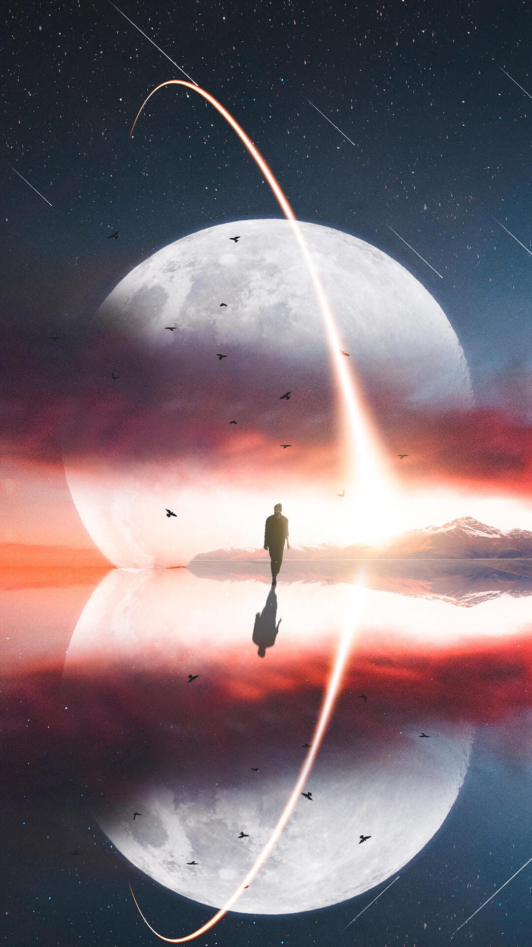 A lone person walks across a reflective dark plane beneath a massive luminous moon and orange cosmic clouds.