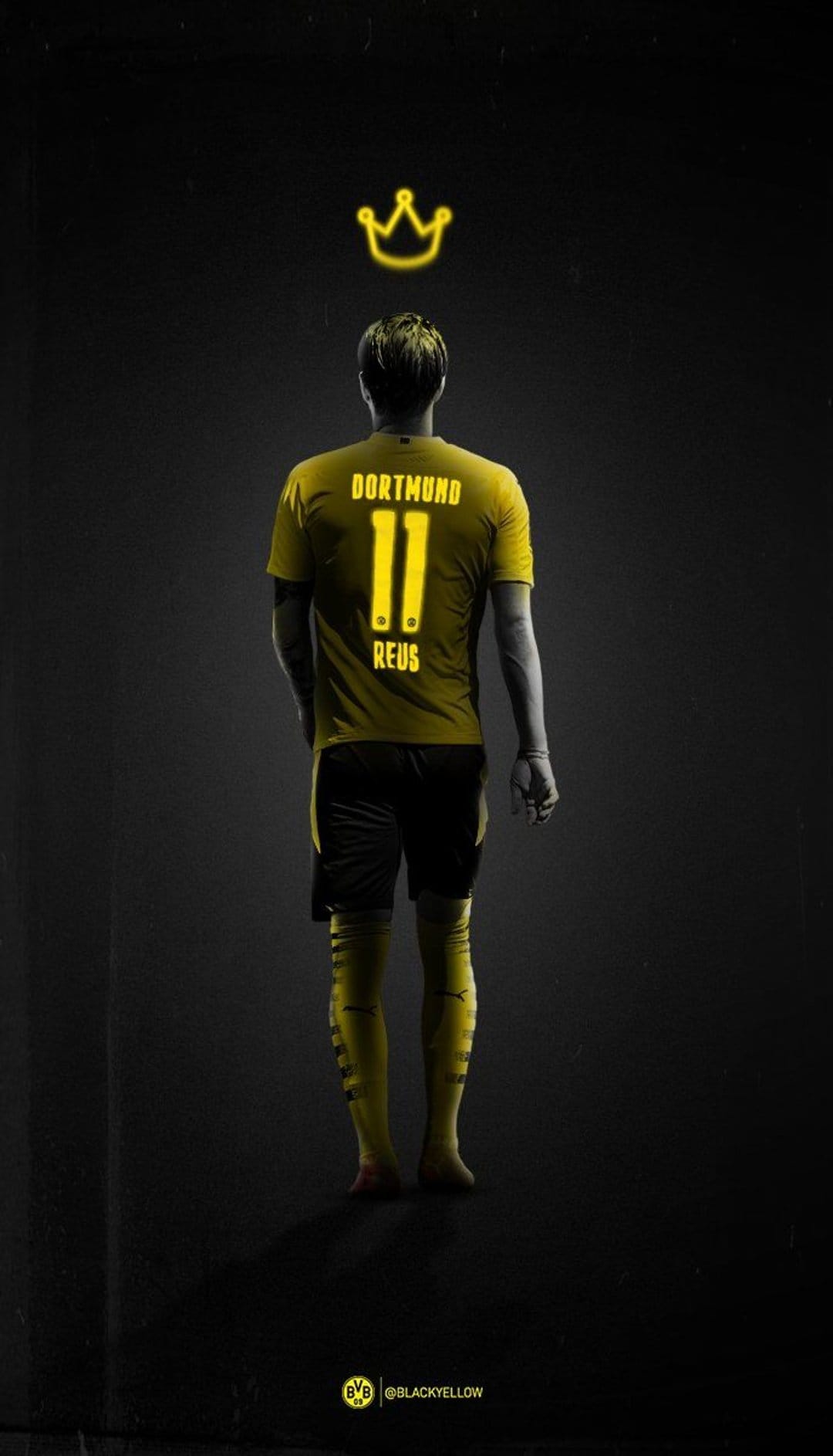 Marco Reus from behind in a yellow Dortmund jersey with a glowing golden crown over a dark black background.