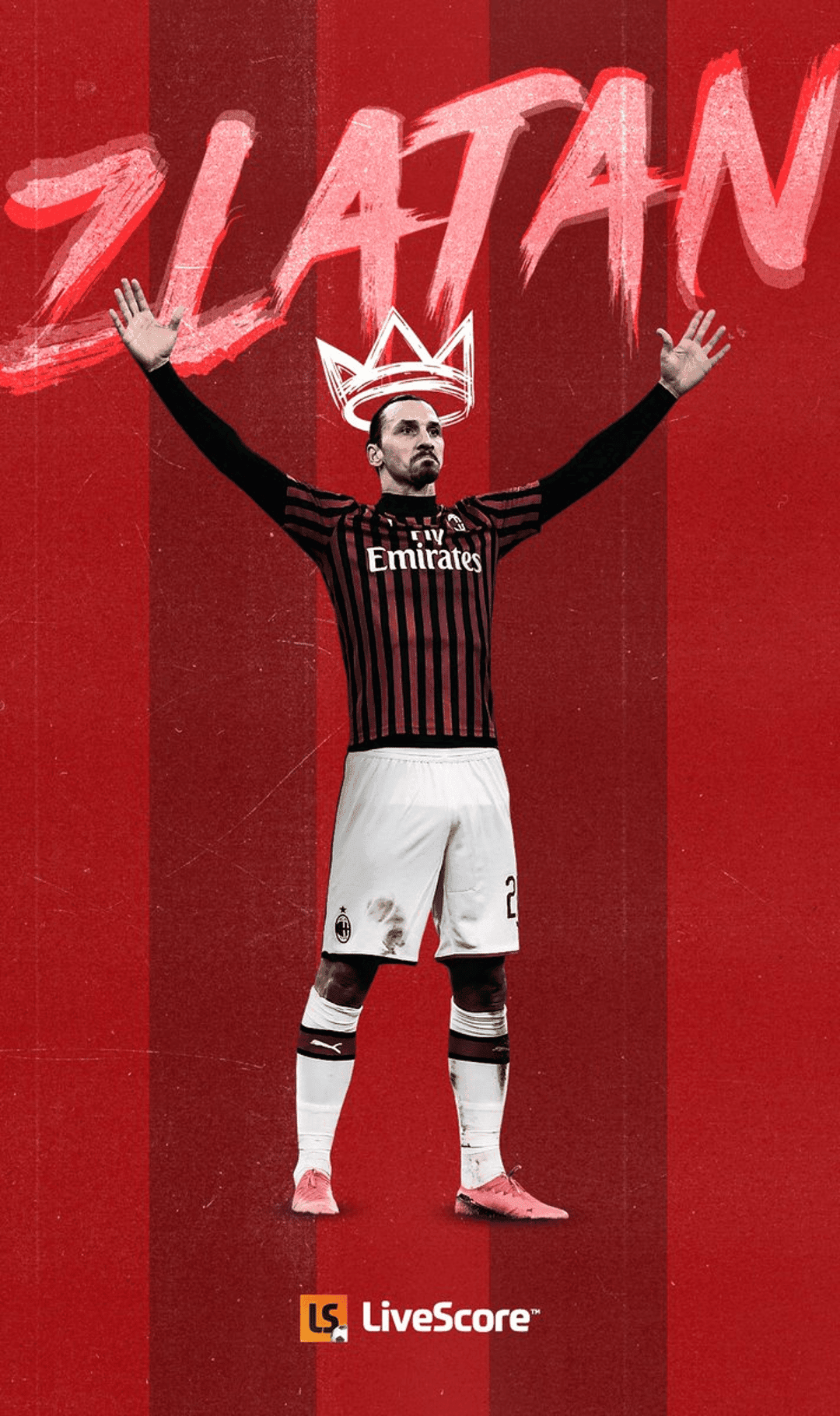 Zlatan Ibrahimovic in AC Milan colors with arms outstretched beneath a white crown against a red backdrop.