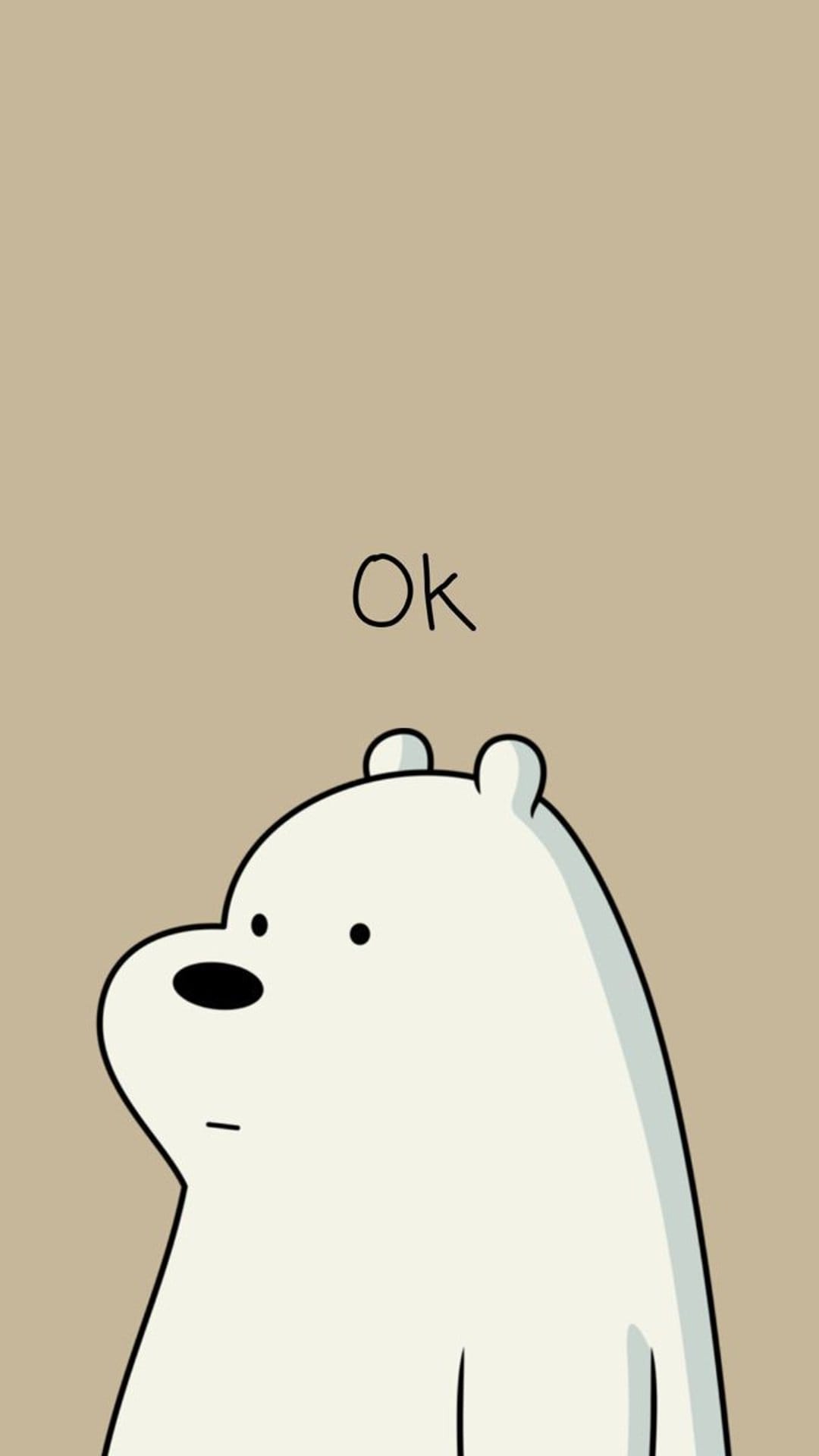 Ice Bear stares forward with a neutral expression under a small floating text bubble saying Ok on tan background.
