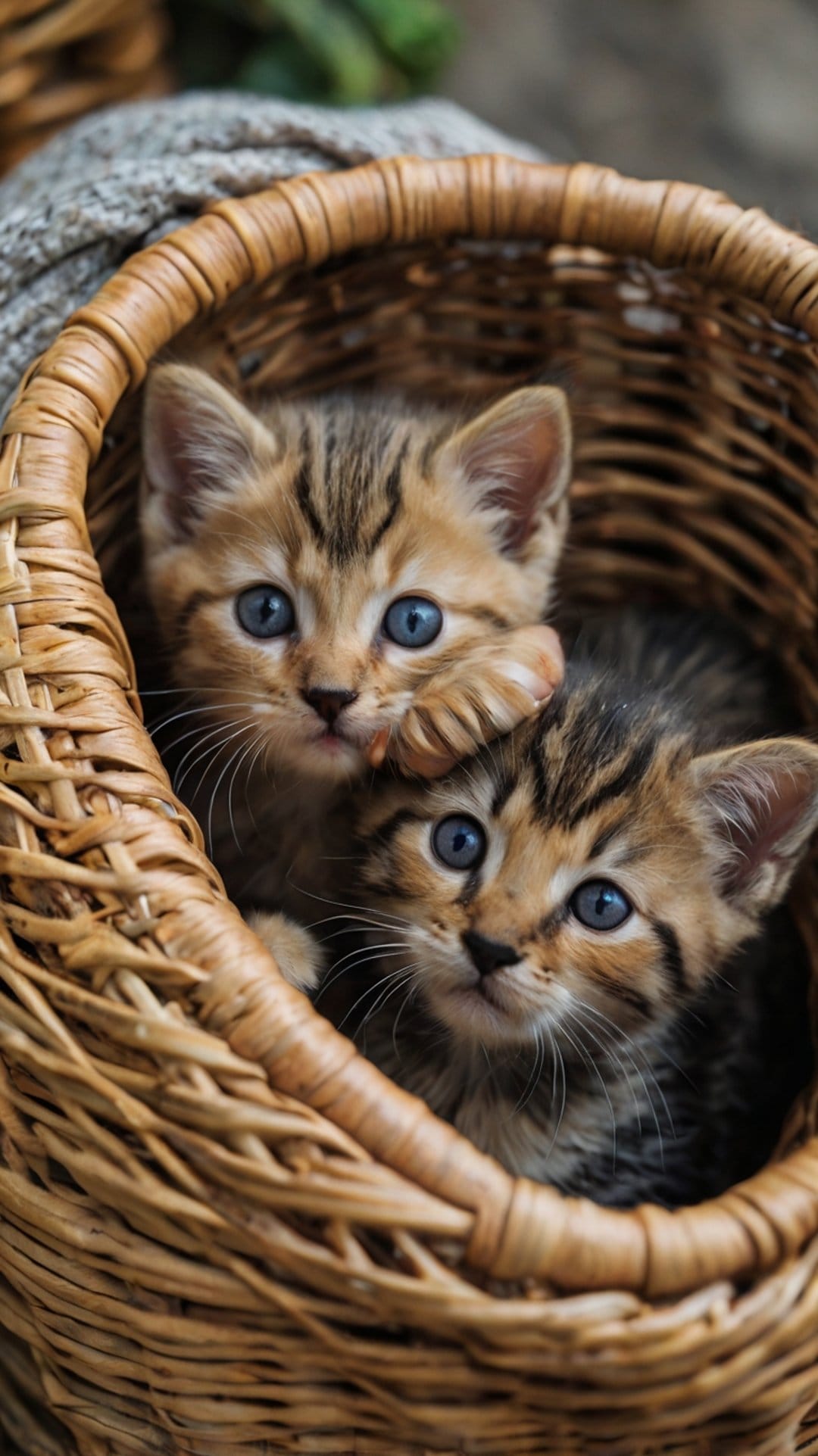 Two fluffy tabby kittens with vibrant blue eyes peer from a woven wicker basket lined with a soft gray blanket.