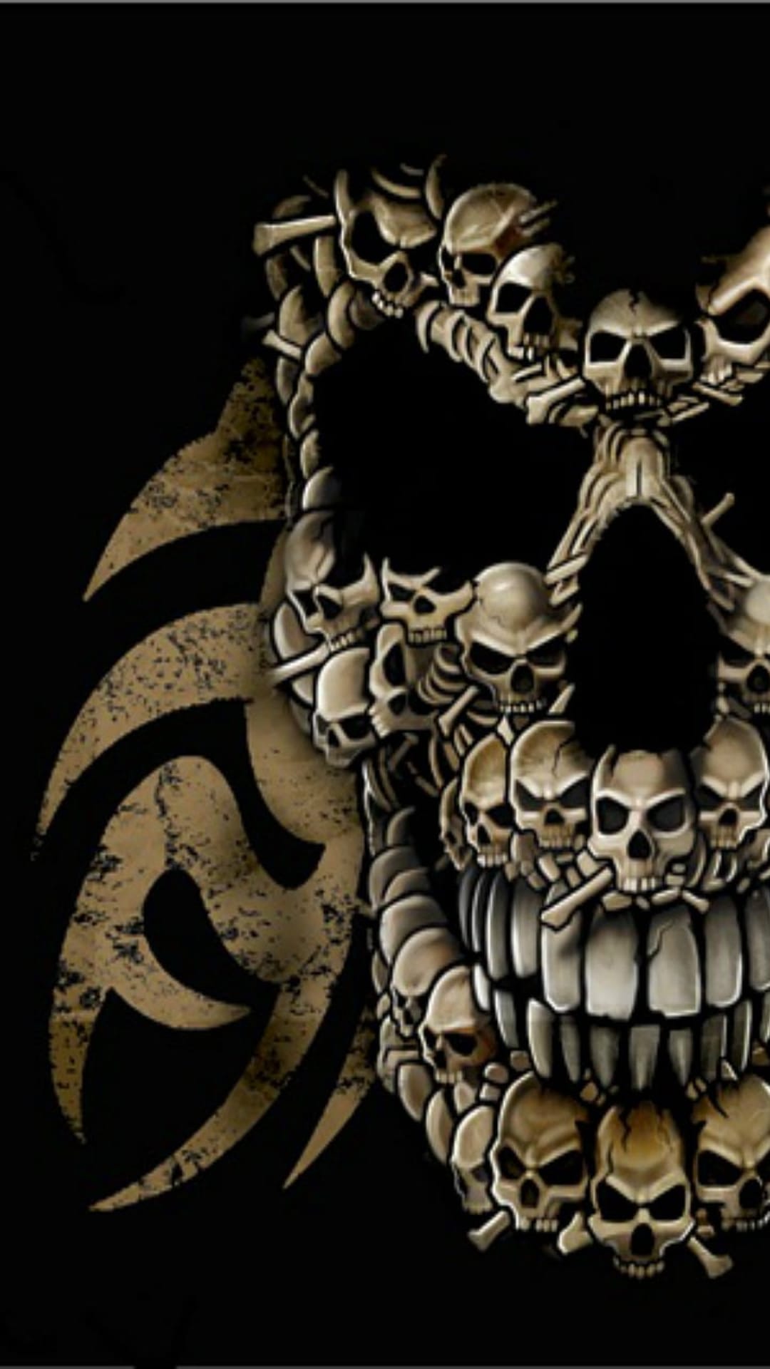 Skull composed of tiny bones and skeletal remains with tribal patterns on a solid black background.