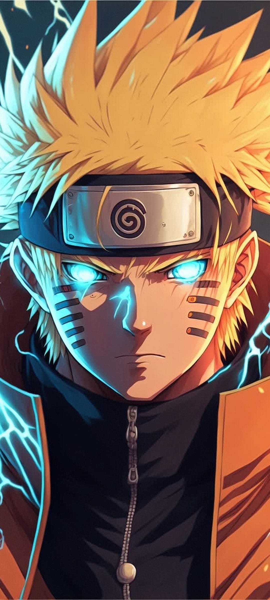 Naruto Uzumaki with glowing blue eyes and spiky blonde hair wears a metal headband as blue chakra sparks nearby.