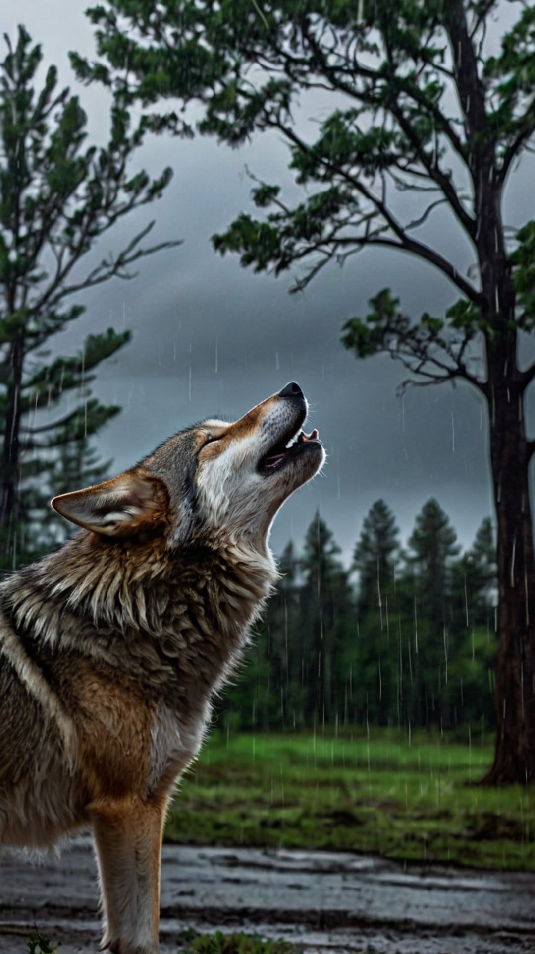 Gray wolf howling upward in a rainy forest with towering pine trees under a dark and stormy, overcast sky.