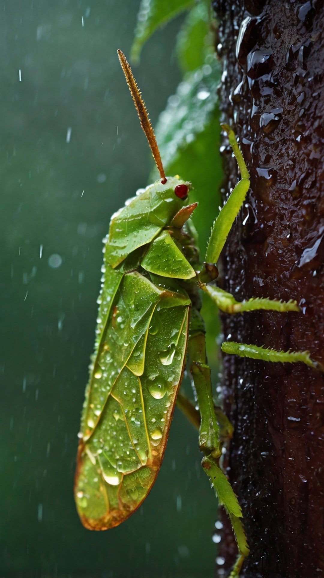 Vibrant green insect with red eyes sits on a rain-slicked surface surrounded by falling water droplets.