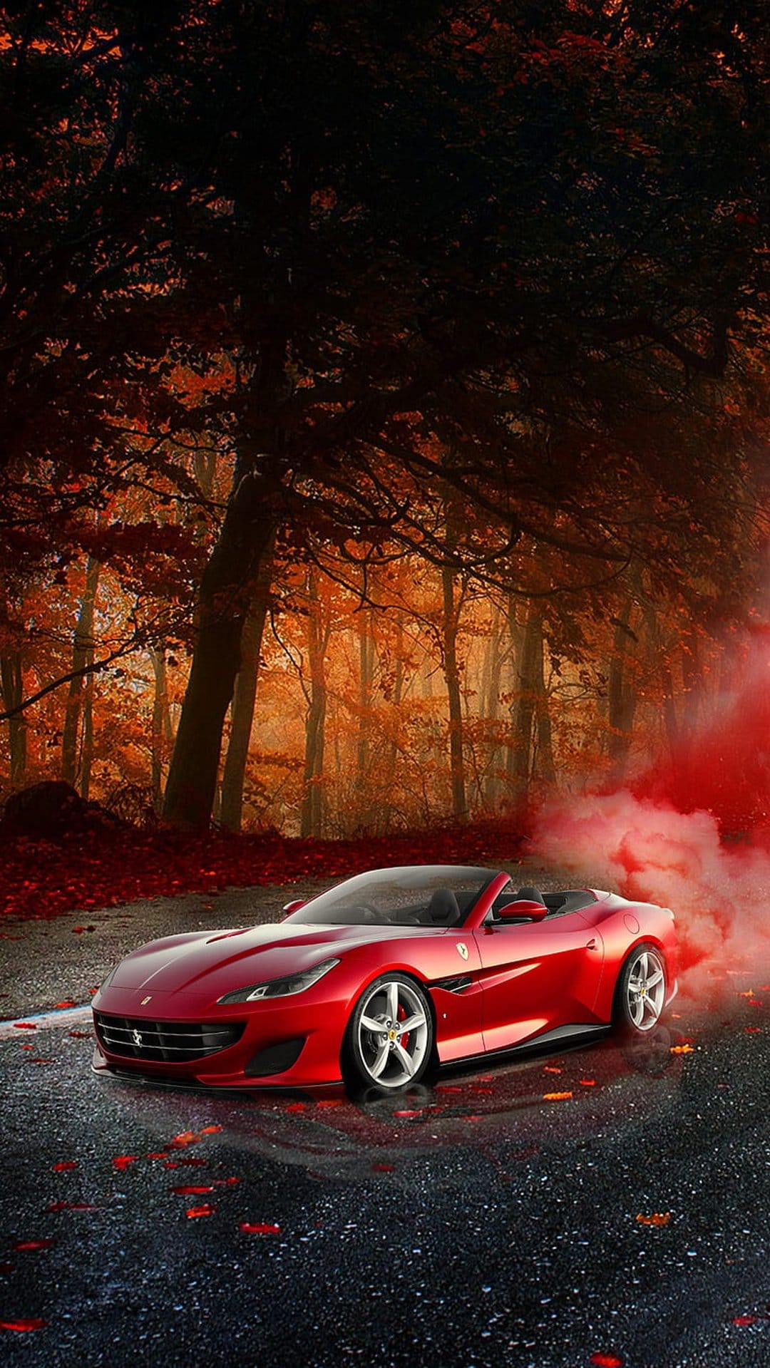 Scarlet Ferrari spider on a damp forest road surrounded by orange fall leaves and swirling crimson mist.