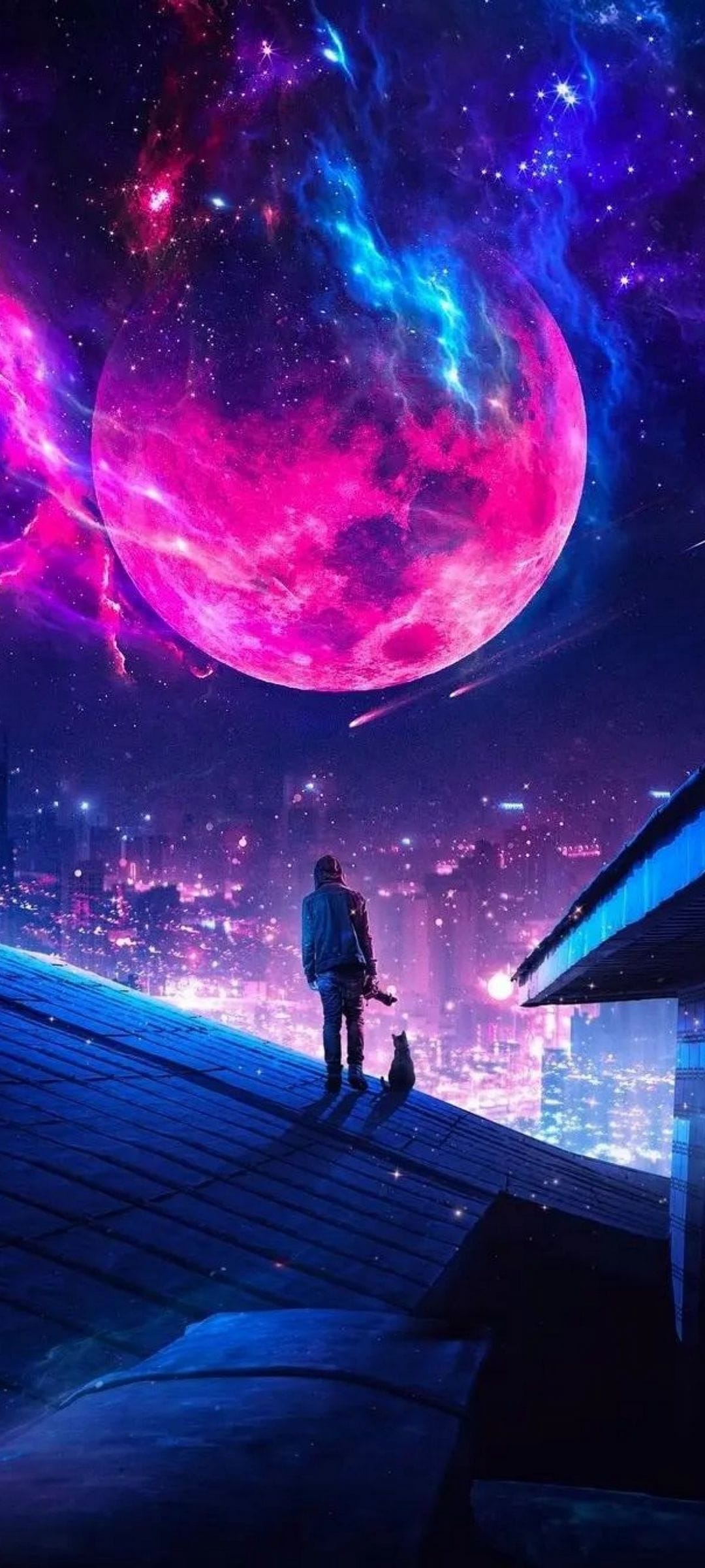 Man and cat on a rooftop overlook a giant pink moon above a glowing futuristic city and purple cosmic nebula.
