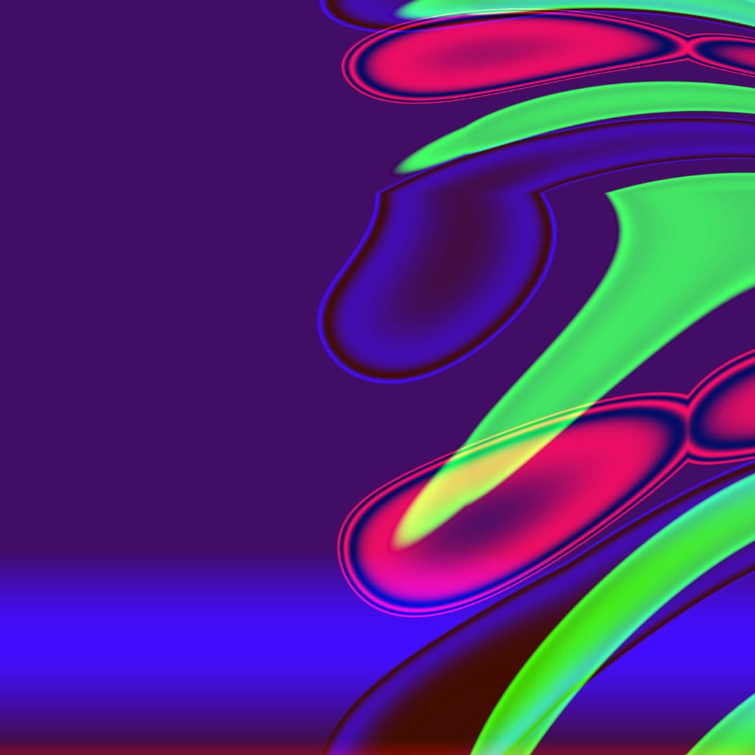 Swirling ribbons of neon purple and electric green flow together with glossy highlights and deep shadow transitions.