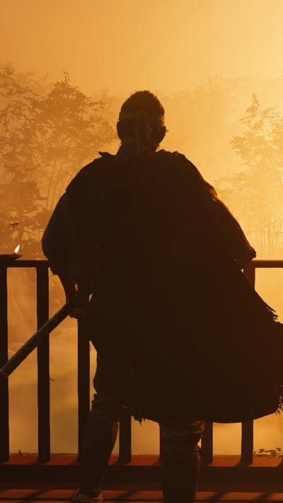 Samurai, Golden Hour, Silhouette, Japanese Landscape, Mist, Tranquil Scene, Katana, Warrior, Contemplation, Wooden Bridge, Serene, Eastern Art, Atmospheric, Lone Figure, Digital Painting, Historical Inspired, Character Back, Dawn Light, Mystical Forest, RPG Aesthetic
