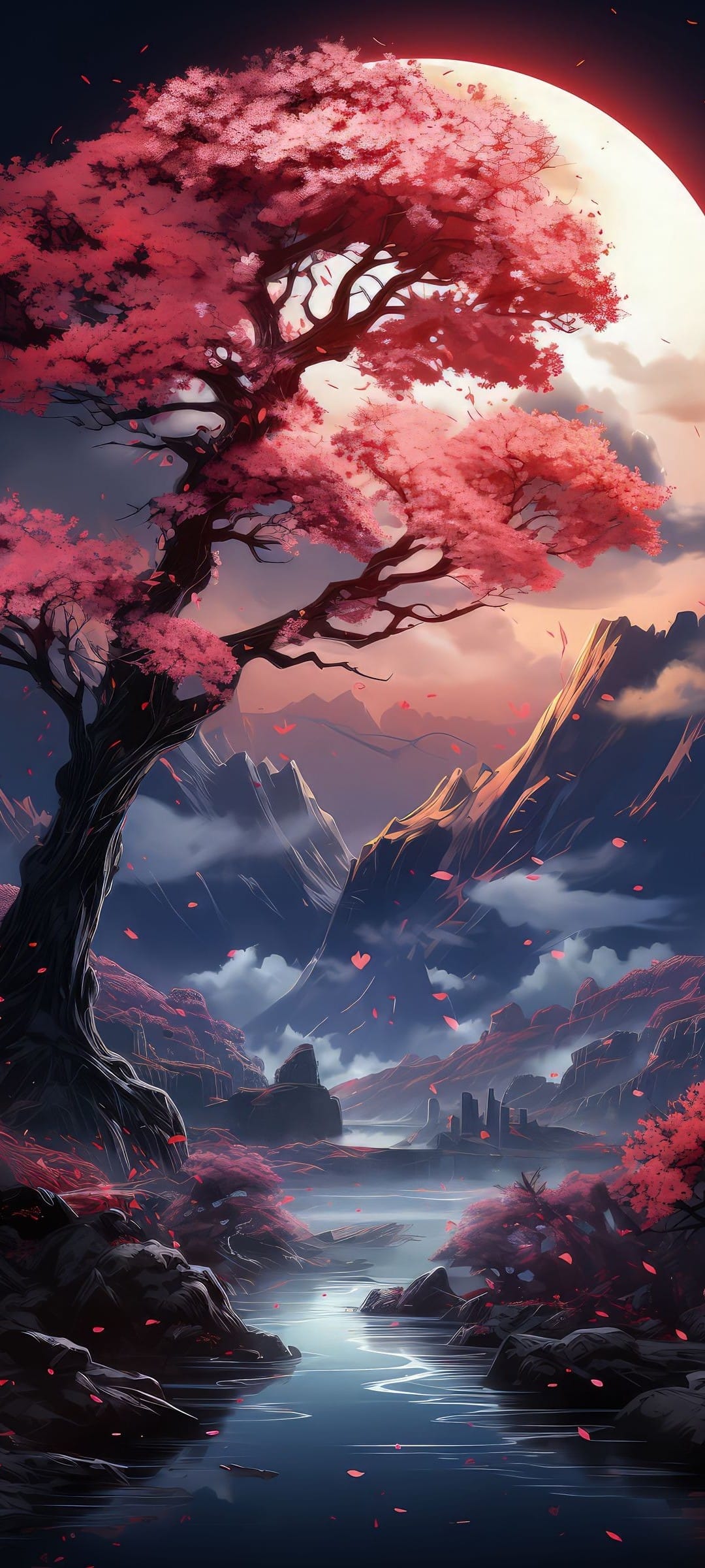 Cherry blossom tree with pink petals beside a river under a full moon and misty distant mountain peaks.