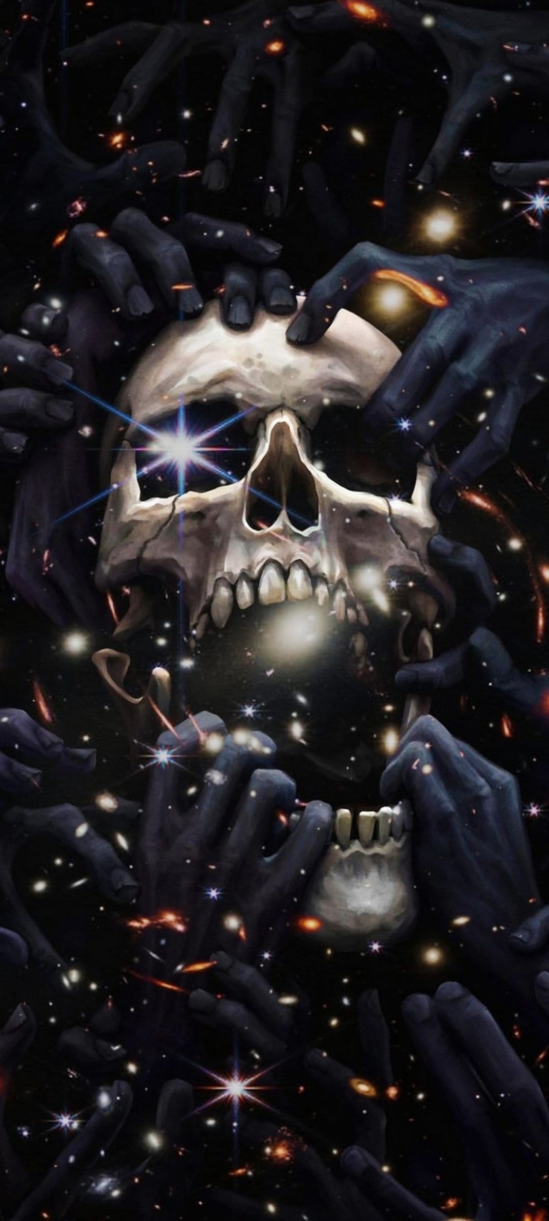 Human skull centered among clutching dark hands with orange nebulae and distant stars in the background expanse.