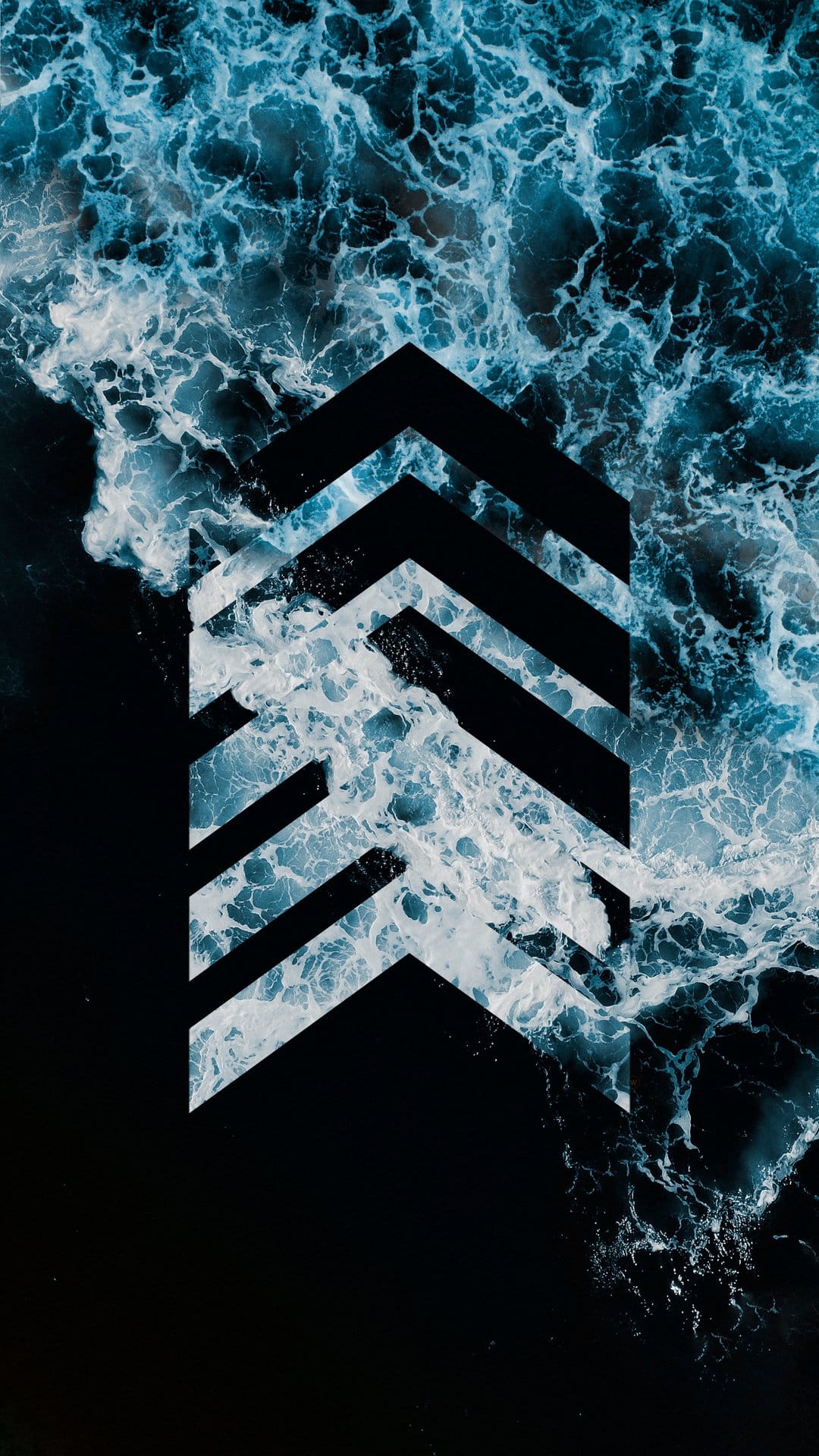 Swirling blue ocean waves intersect with white and navy chevron lines, creating a high-contrast geometric pattern.