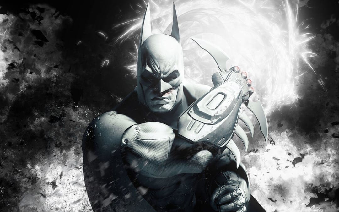 Batman in a battle-worn suit holding a batarang against a glowing white circular energy vortex and dark smoke.
