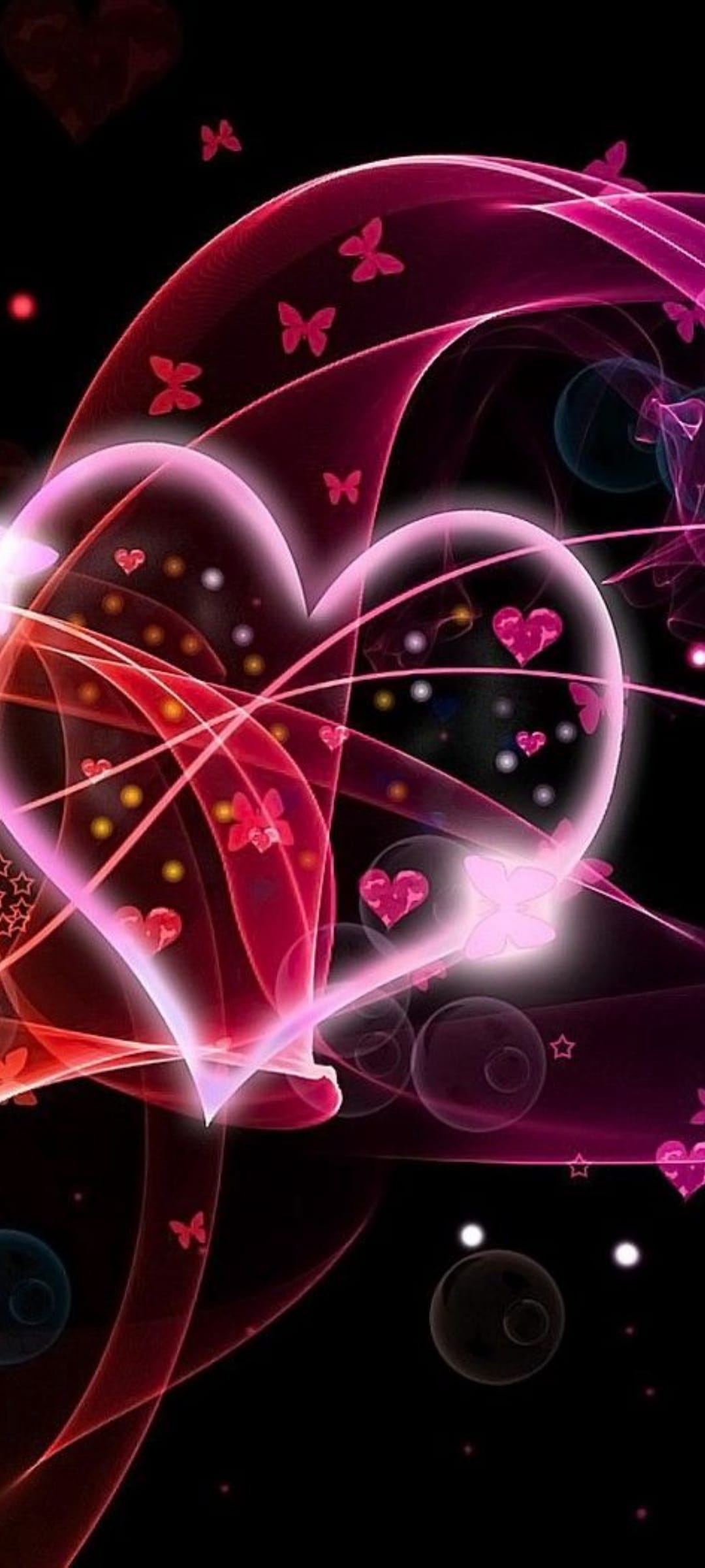 Glowing pink hearts and butterflies float among luminous magenta swirls against a dark black background.