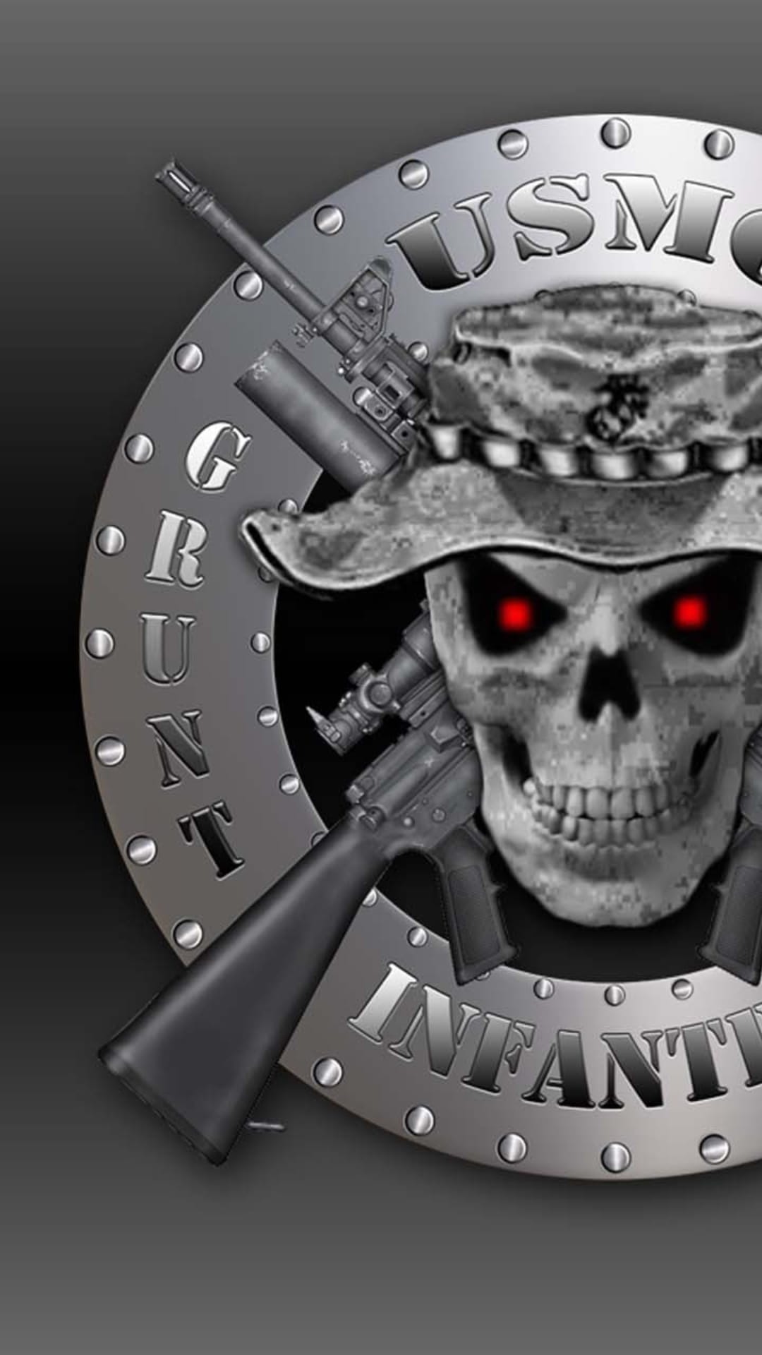 Skull with glowing red eyes wearing a camo boonie hat centered between crossed rifles and a USMC infantry emblem.