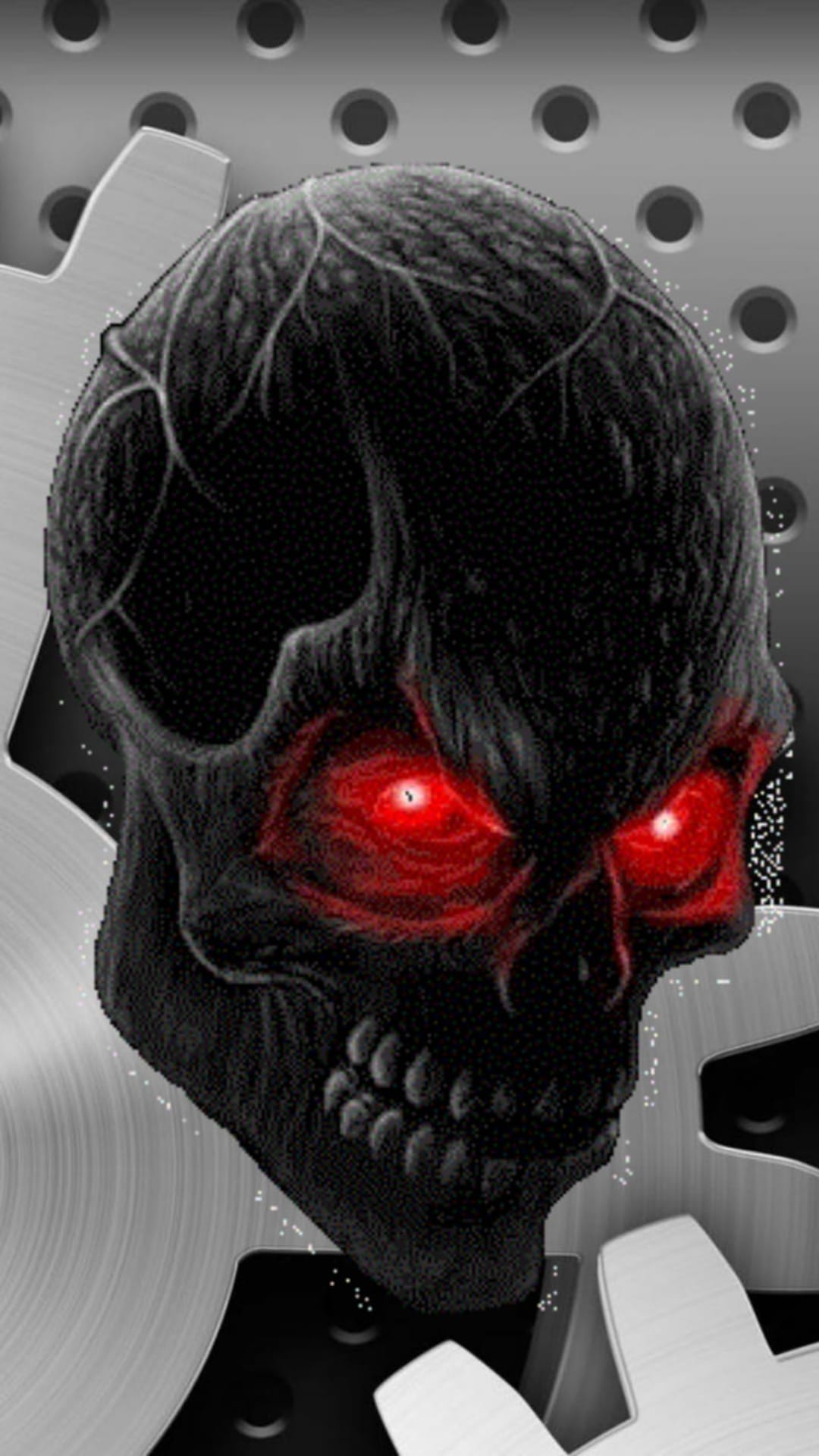 Black textured skull with glowing red eyes positioned in front of metallic industrial gears and perforated metal.