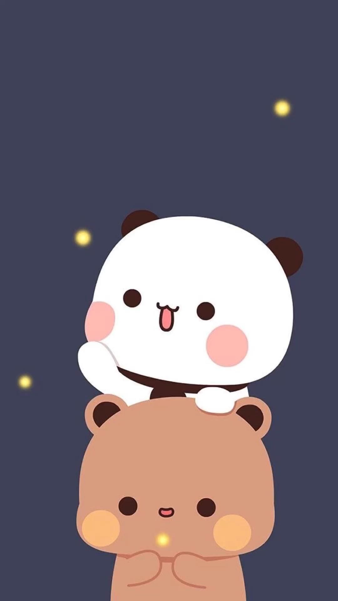 White panda sits on a brown bear's head with rosy cheeks and floating gold particles on a dark blue background.