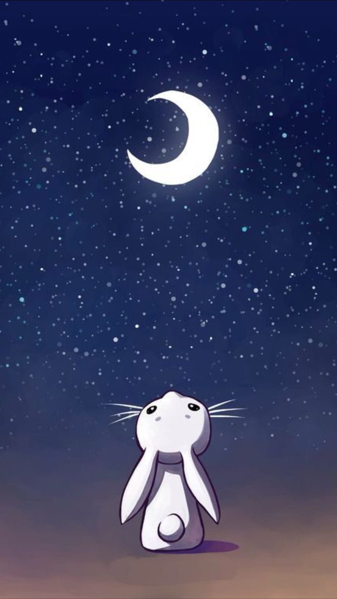 White bunny looks up at a large glowing crescent moon and tiny stars against a dark blue night sky.