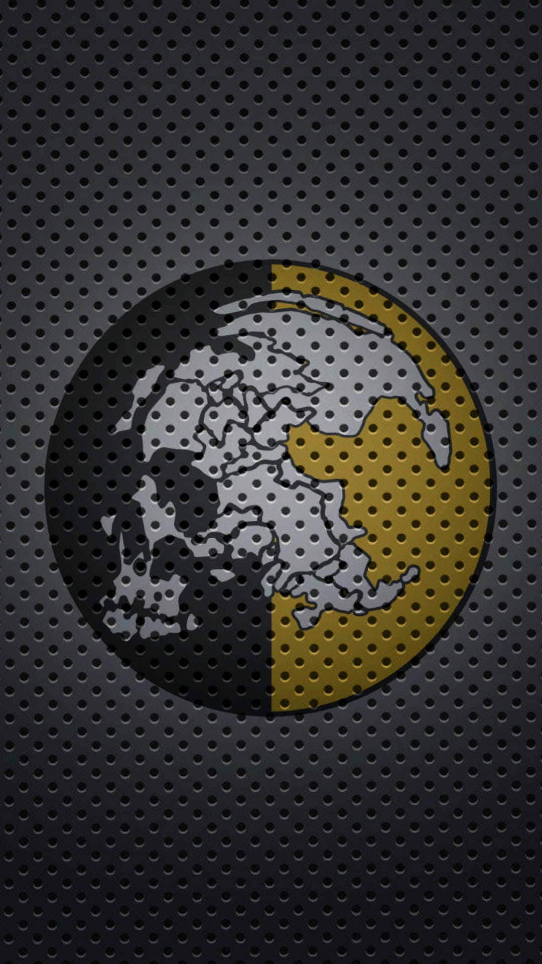 Metal Gear Solid emblem in gold and black centered on a dark grey perforated metal sheet with industrial textures.