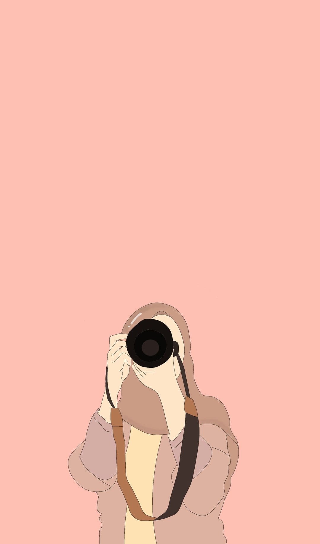 Woman in a hijab holding a vintage camera to her eye against a solid peach background with clean flat lines.