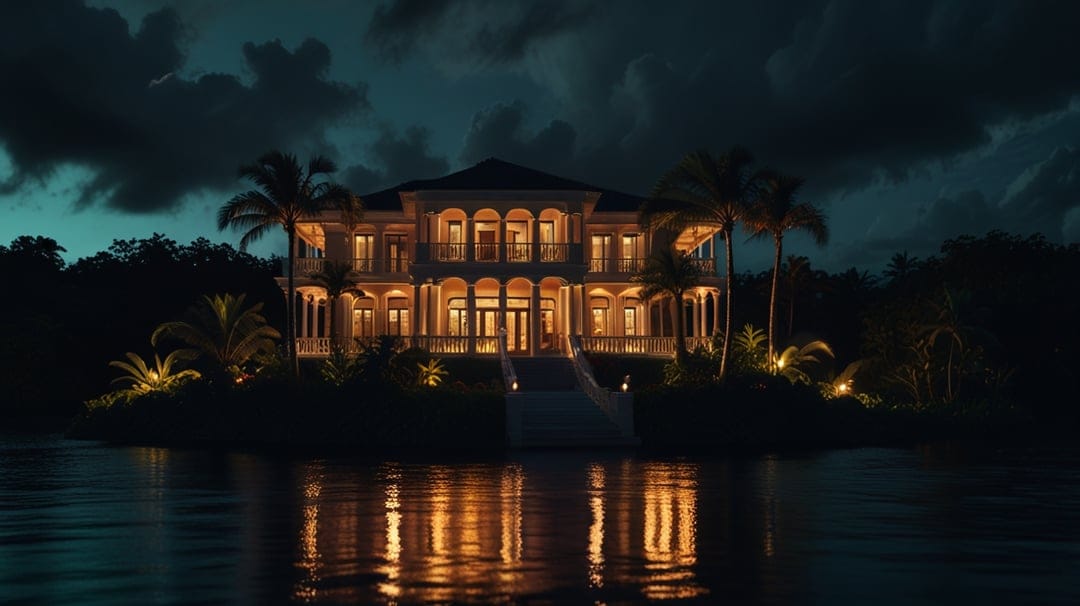 Grand multi-story villa with lit windows on a small island at night with palm trees and a reflecting lake surface.