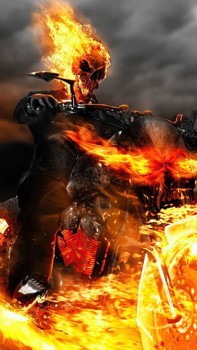 Ghost Rider Ke, Burning Bike, stunt motorcyclist, fire skull, mobile wallpaper, android wallpaper, iPhone wallpaper, phone wallpaper