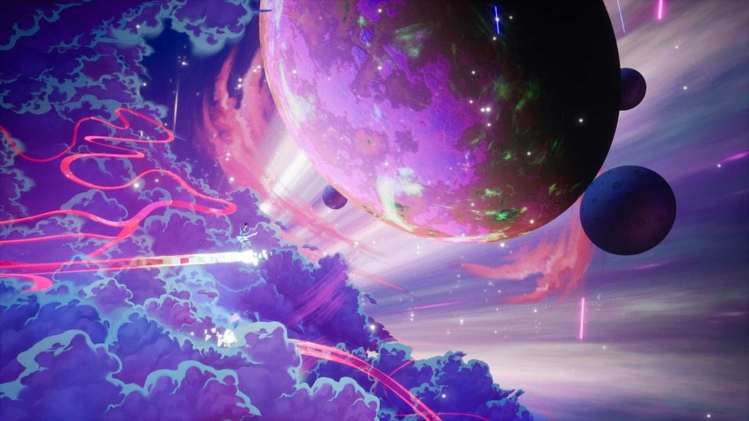Guitarist on a glowing path above purple clouds under a massive magenta planet in a cosmic fantasy sky.