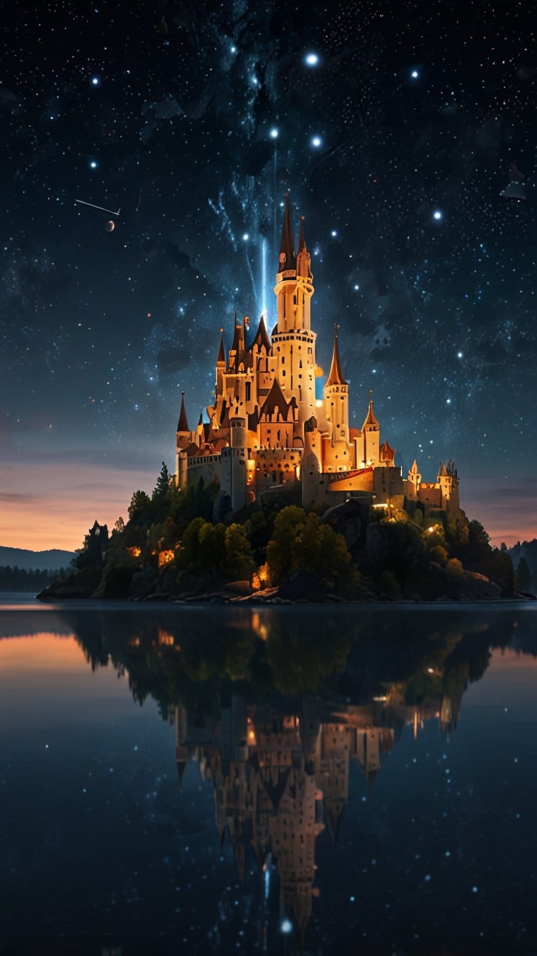 Medieval castle with glowing windows reflects in a still lake beneath a star-filled nebula at midnight.