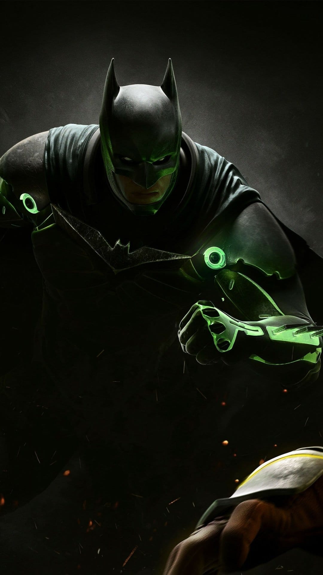 Batman in tactical black armor with glowing green kryptonite accents posing in a dark cinematic atmosphere.