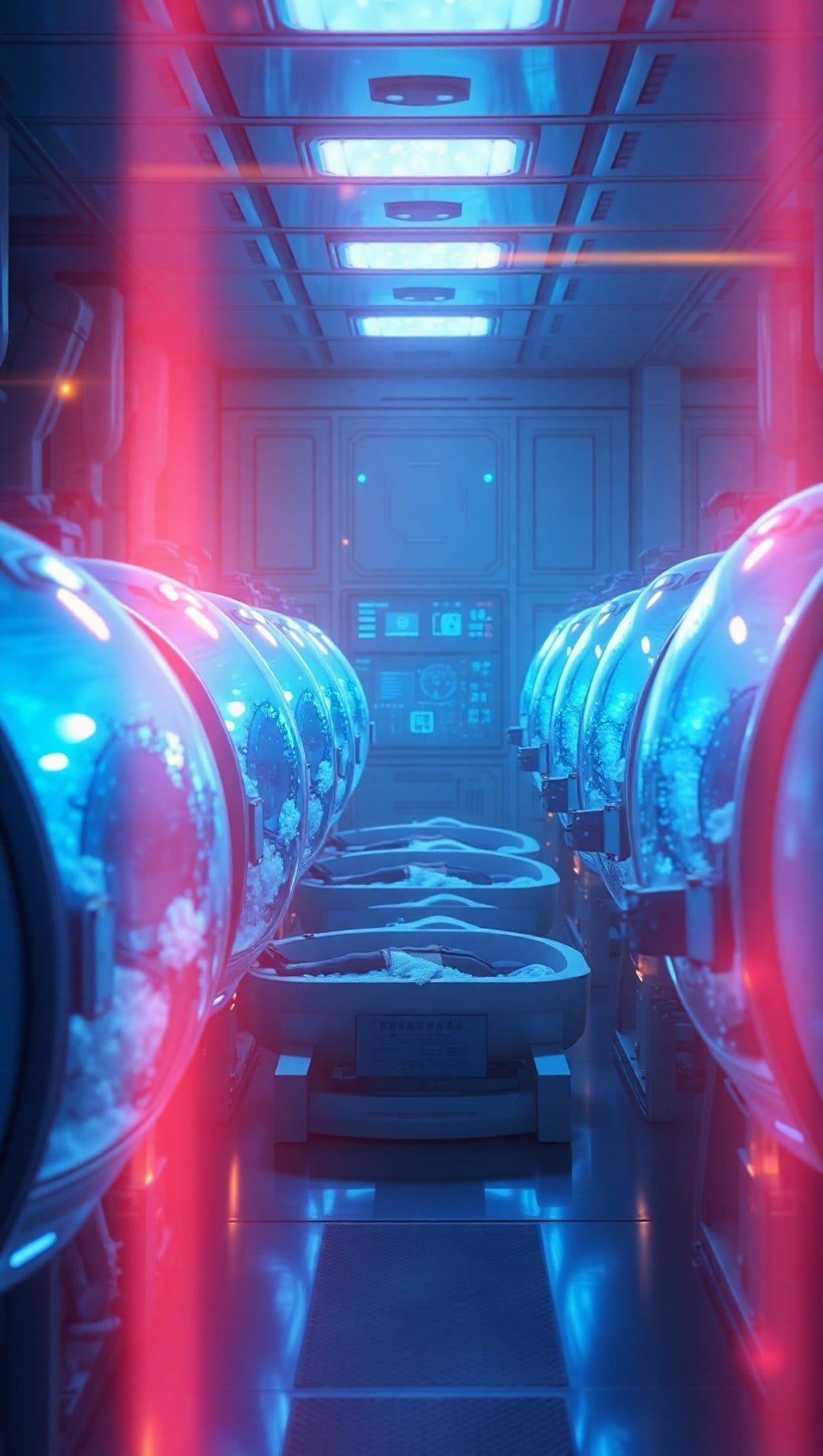 Transparent cryo-sleep pods filled with blue fluid and ice crystals line a dark, neon-lit sci-fi laboratory.