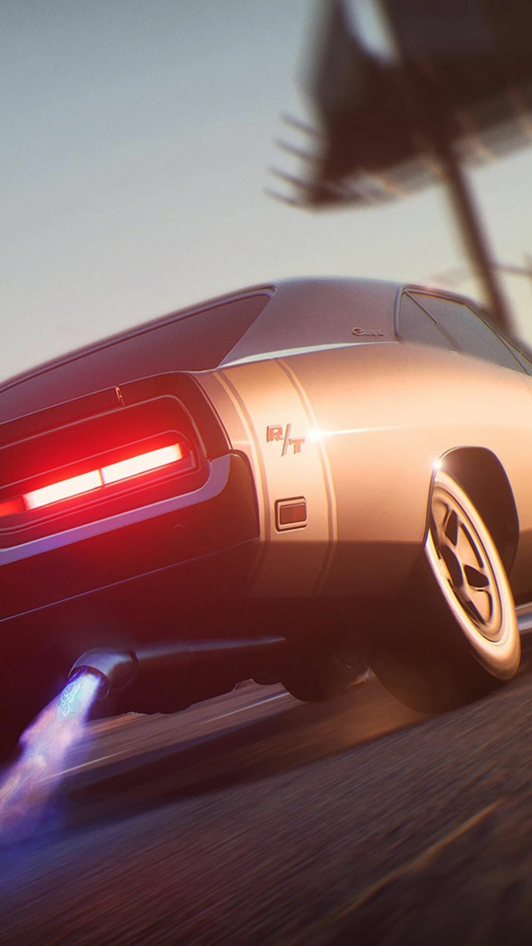 Muscle car rear view with blue exhaust flames and glowing red taillights at sunset with motion blur.