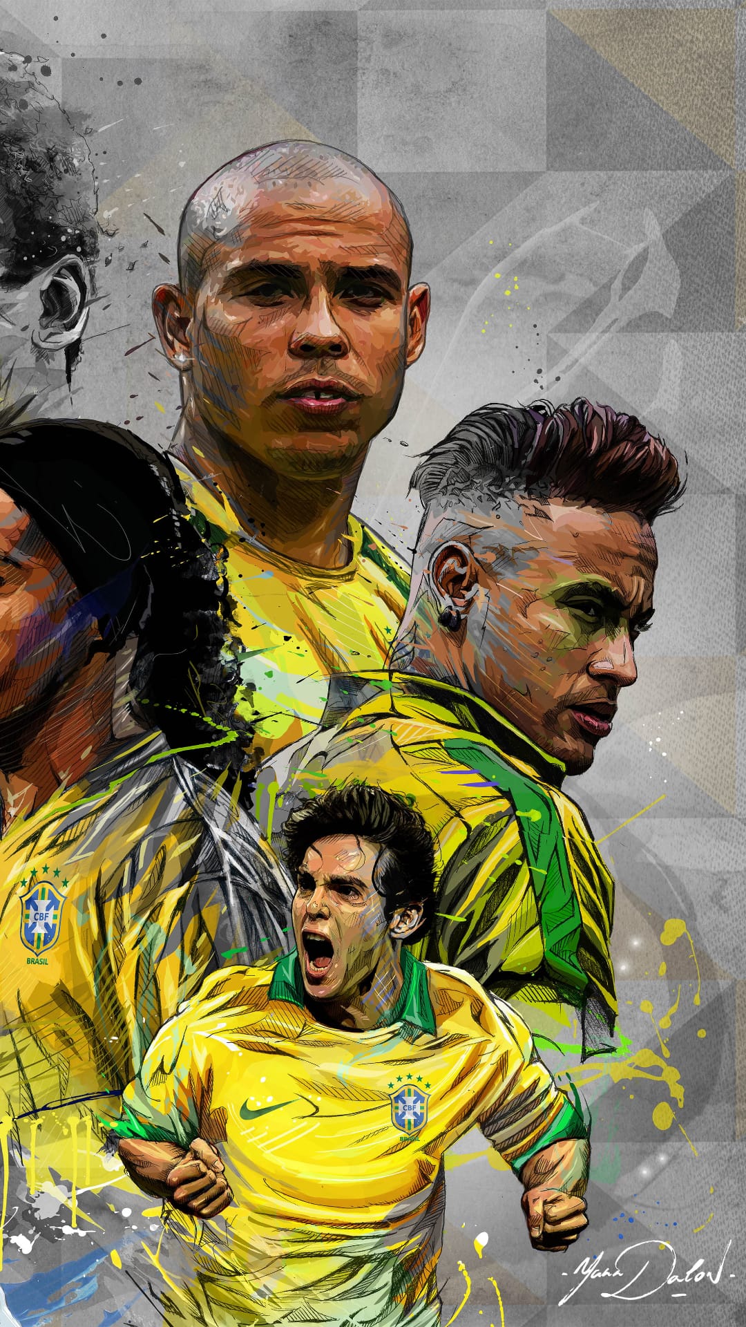 Ronaldo, Neymar, and Kaka wear yellow Brazil jerseys in a dynamic composition against a glowing golden background.