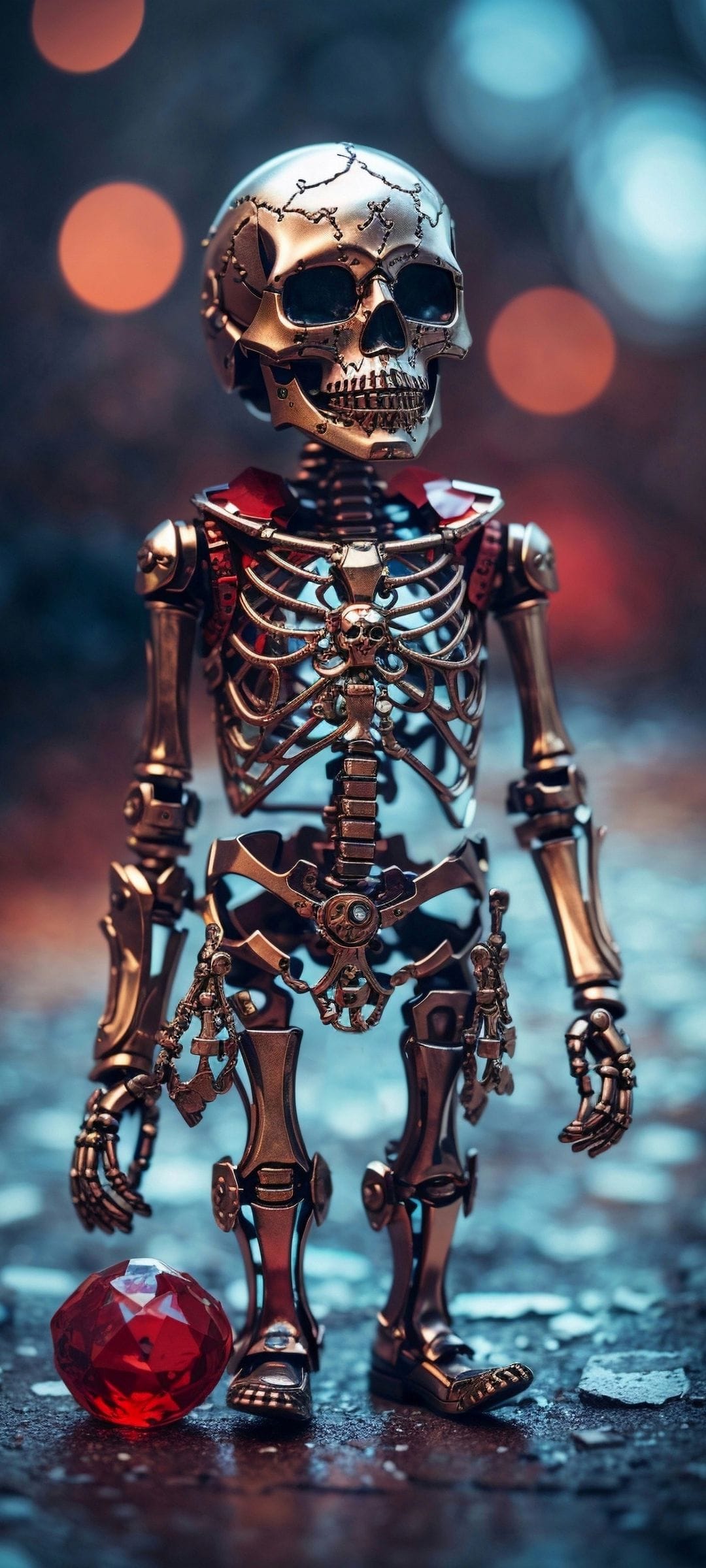 Steampunk skeleton with polished metal gears stands over a faceted red gemstone amidst soft bokeh lights.